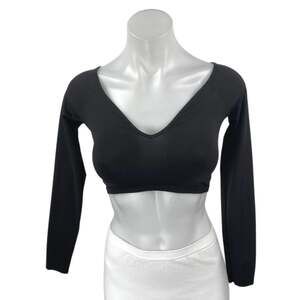 Zara Women's Black Long Sleeve V Neck Padded Stretch T Shirt Tee Crop Top Size M